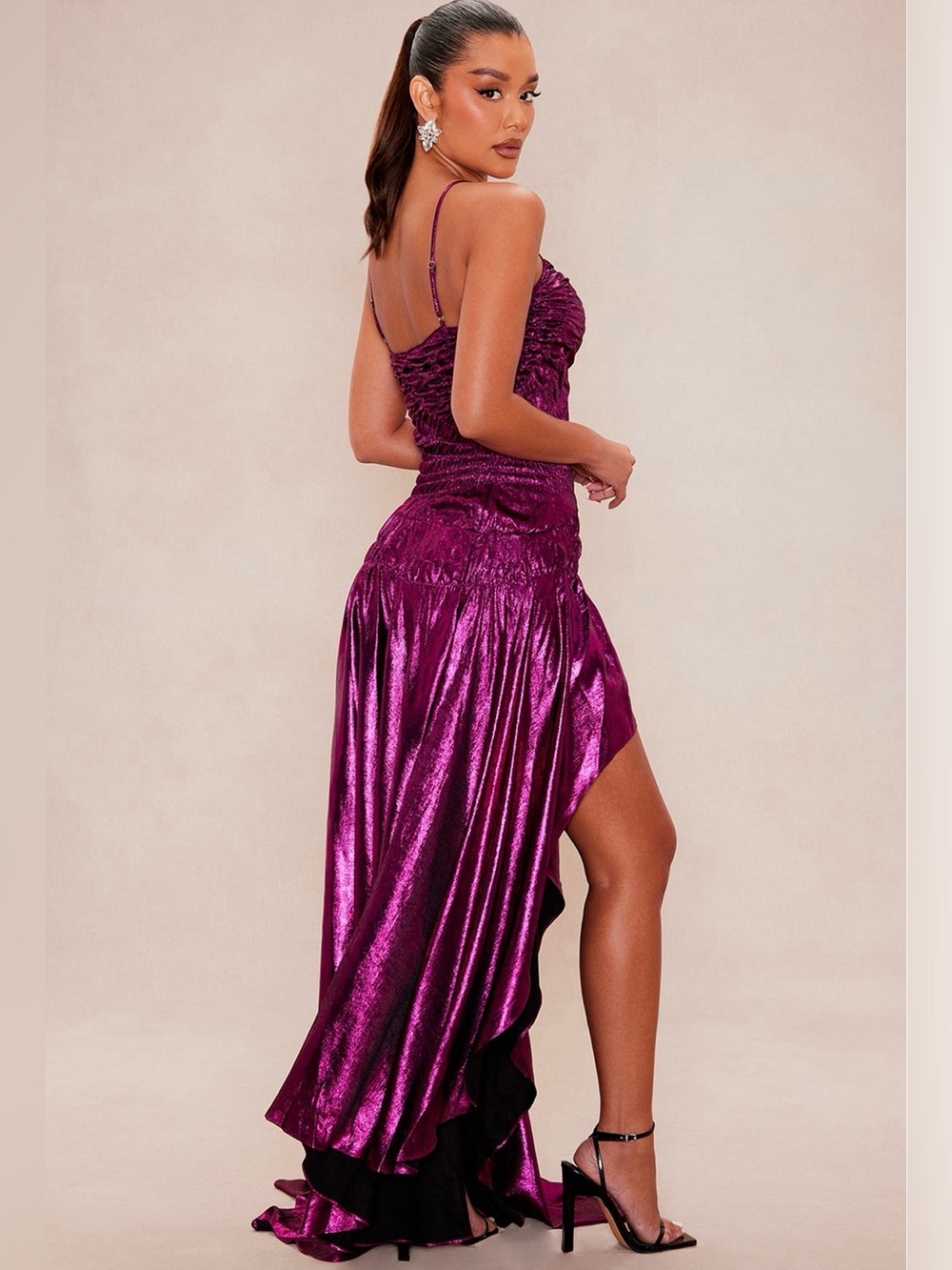 Metallic Plum Ruched High-Low satin Slip Dress - Picture 4 of 8